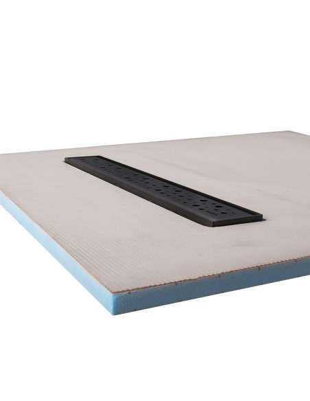 Blick Von Oben Auf Einen Modernen Dusche Mit Schwarzen Fliesen In Marmor - Optik Und Duschrinne Sowie Armaturen In Silber