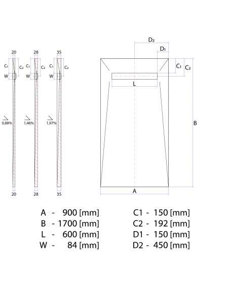 Technische Zeichnung: Duschrinne Wiper MCR 50 Cm Reversible