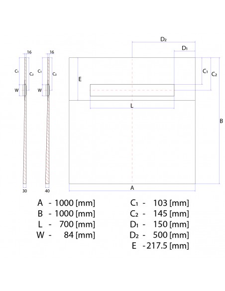Technische Zeichnung: Duschrinne Wiper Premium 70 Cm Zonda