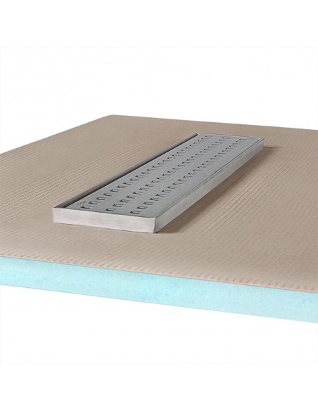 Seitlicher Blick Auf Eine Installierte Duschrinne Mit Designrost Mistral, Kombiniert Mit Grün - Blauem Vinylboden