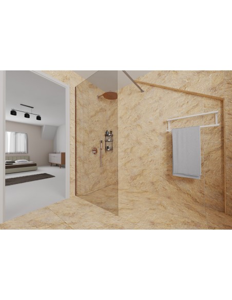 Modernes Bad Mit Einer Walk - In Dusche Auf Dunklem Vinylbodenbelag, Kombiniert Mit Hellen Wänden In Marmor - Optik