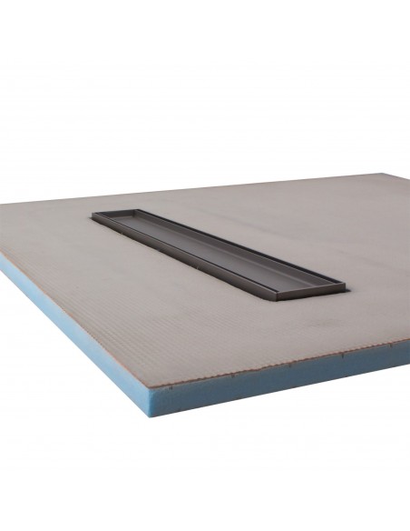 Seitlicher Blick Auf Eine Installierte Duschrinne Mit Designrost Sirocco, Kombiniert Mit Grün - Blauem Vinylboden