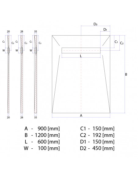 Technische Zeichnung: Duschrinne Wiper Elite 90 Cm Pure