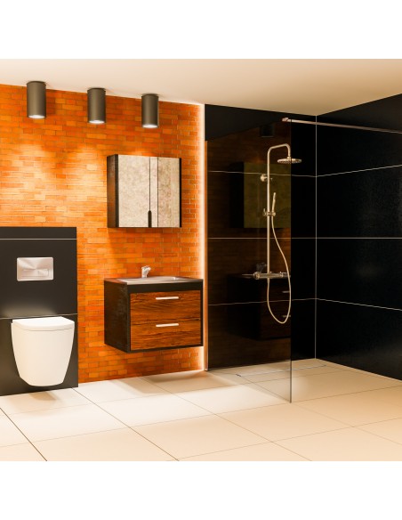 Dunkles Bad Auf Mikrozementboden Mit Freistehender Wanne Und Offenem Dusche, Abgegrenzt Mit Einer Glaswand