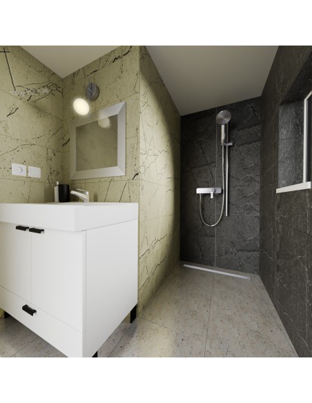 Offenes Bad Mit Badewanne Und Integrierter Duschrinne In Schwarz In Hellem Mikrozementboden