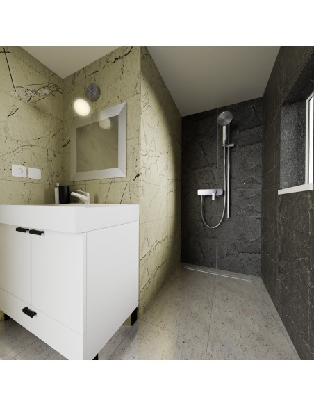 Offene Walk - In Dusche, Umgeben Von Hellem Mikrozementboden Und - Wänden, Kombiniert Mit Armaturen In Schwarz