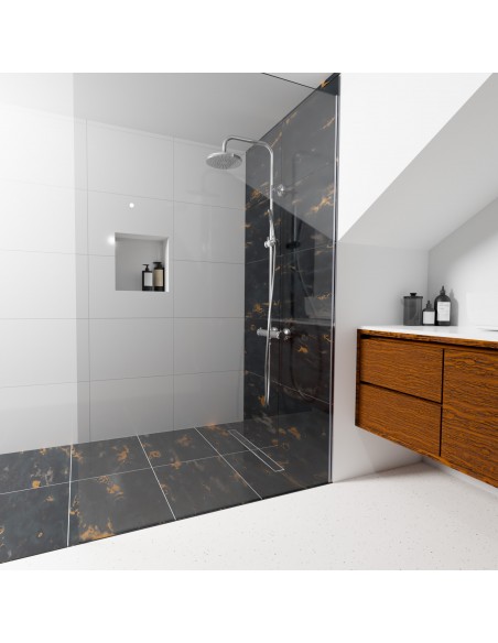 Bad Im Dunkeln Farbkonzept Kombiniert Mit Warmen Holzelementen Und Armaturen In Schwarz