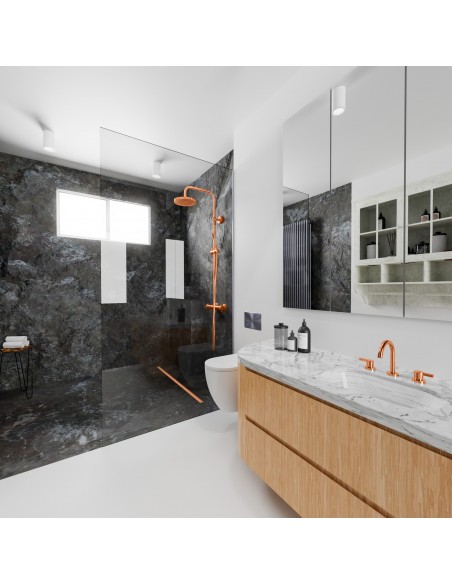 Modernes Duschkonzept Mit Hellem Mikrozementboden, Kombiniert Einer Badeinrichtung In Schwarz