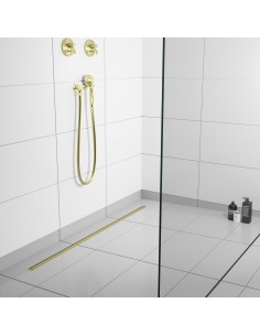Komplett - Set: Linearer Ablauf Für Vinylbodenbelag Mit Siphon Und Designrost Pure Brass 2