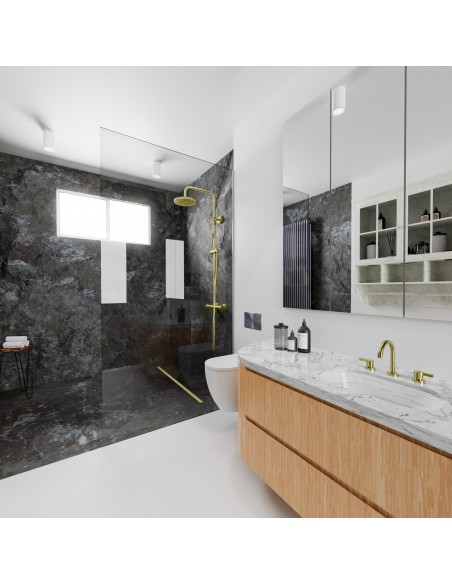 Luxuriöses Bad Im Schwarz Und Weiß Mit Begehbarer Dusche Mittig Im Raum, Mit Moderner Armaturen In Messing - Optik