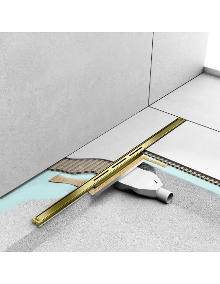 Offene Walk - In Dusche, Umgeben Von Hellem Mikrozementboden Und - Wänden, Kombiniert Mit Armaturen In Messing - Optik